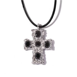 silver cross pendant with cubic zirconia with black leather necklace 