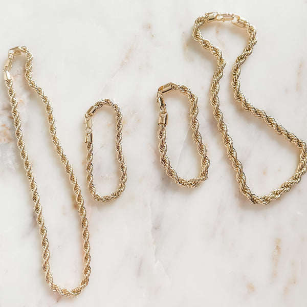 twisted gold chain and bracelet set 2 different width set 