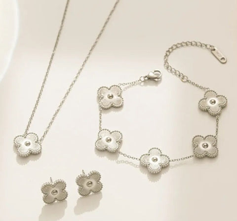 silver gold plated four leaf clover necklace, bracelet and earrings