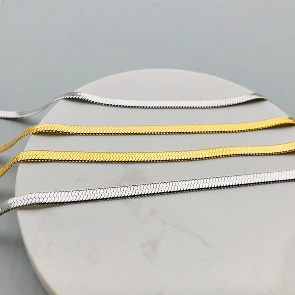 4mm wide 14inch long herringbone gold plated in gold or silver necklace