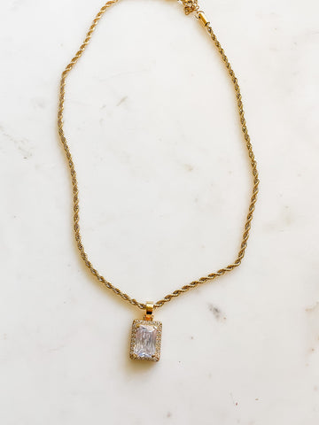 18k gold plated rope chain necklace with white square zircon