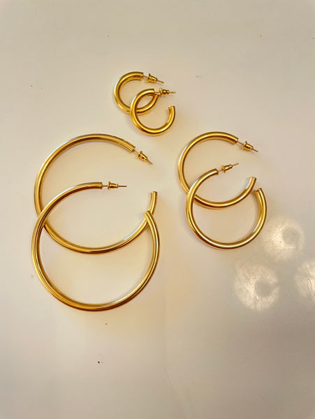 18k gold plated stainless steel hoop earrings, small, medium or large