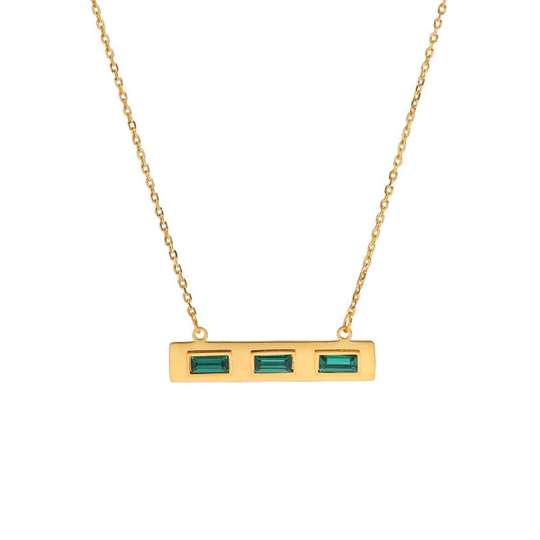 18k gold plated bar necklace with emerald cut green stone