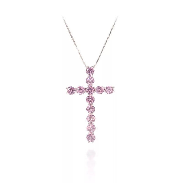 Stainless Steel 18k gold plated silver with pink cz zircon crystal cross pendant