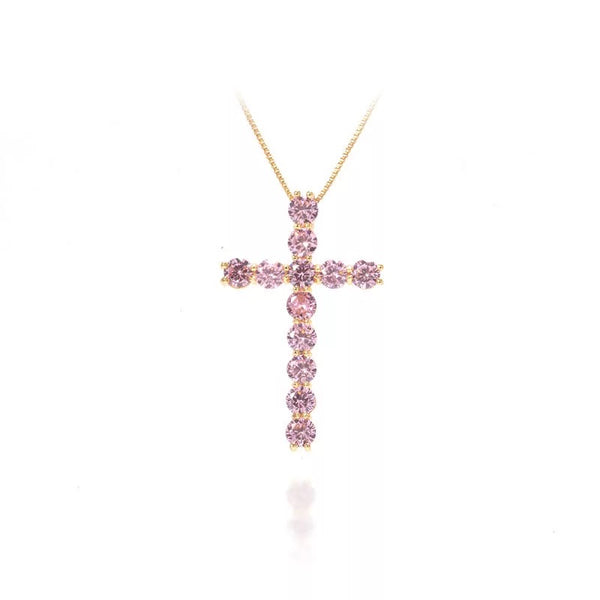 Stainless Steel 18k gold plated gold with pink cz zircon crystal cross pendant