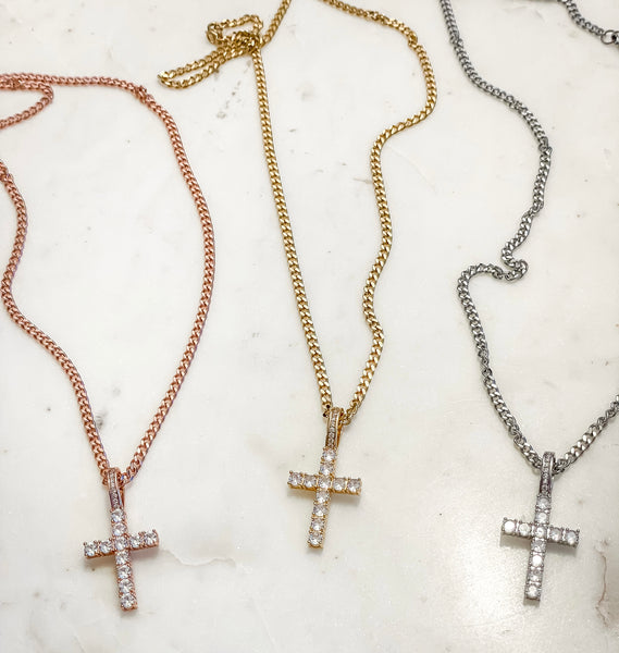 Rose Gold, Silver, Gold, 18k Gold Plated Stainless Steel Long Cross Zircon Necklace, Flat Curb Chain