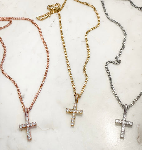 Rose Gold, Silver, Gold, 18k Gold Plated Stainless Steel Long Cross Zircon Necklace, Flat Curb Chain