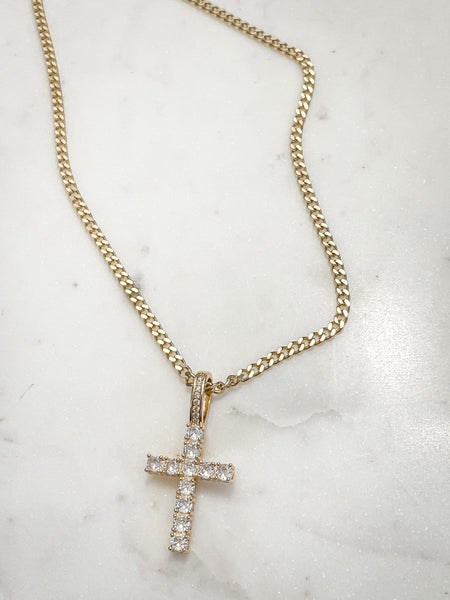 Gold / 18k Gold Plated / Stainless Steel / Long Cross Zircon Necklace / Flat Curb Chain