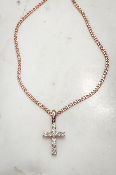 Rose Gold / 18k Gold Plated / Stainless Steel / Long Cross Zircon Necklace / Flat Curb Chain