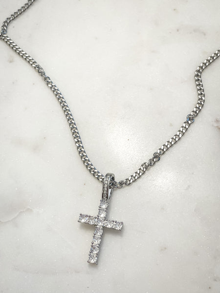 Silver / 18k Gold Plated / Stainless Steel / Long Cross Zircon Necklace / Flat Curb Chain