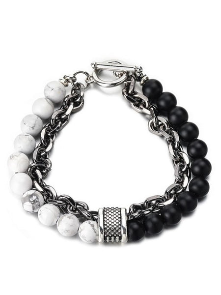 titanium steel chain with beaded gemston white marble and black matte beads bracelet